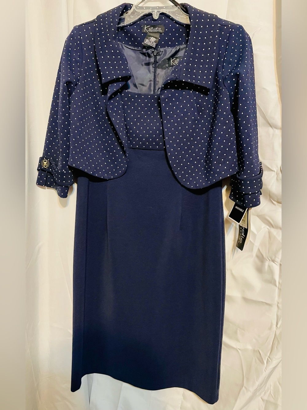 K Studio Collection Navy Polka Dot Jacket Dress Set Size 12 New w/Tags